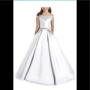 White flower girl dress with silver rhinestones